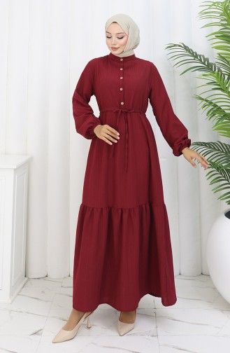 Beli Bağcıklı Yarım Düğmeli Elbise 0183-03 Bordo