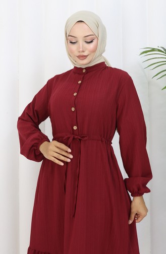 Beli Bağcıklı Yarım Düğmeli Elbise 0183-03 Bordo