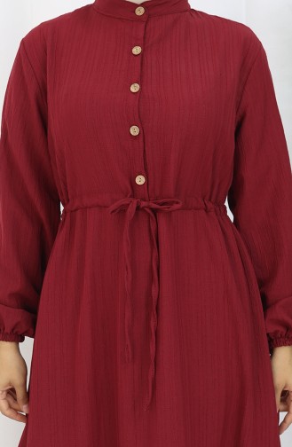 Beli Bağcıklı Yarım Düğmeli Elbise 0183-03 Bordo