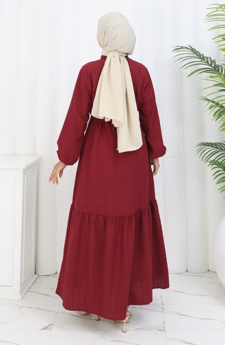 Beli Bağcıklı Yarım Düğmeli Elbise 0183-03 Bordo