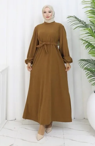 Kleid Mit Elastischen Ärmeln Und Gürtel 2161-01 Tan 2161-01