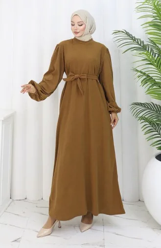 Kleid Mit Elastischen Ärmeln Und Gürtel 2161-01 Tan 2161-01