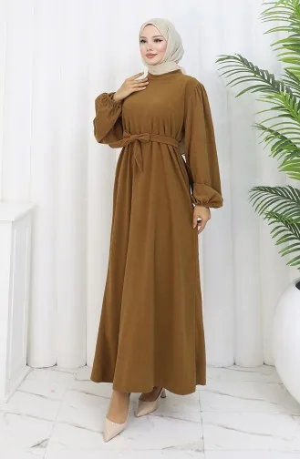 Kleid Mit Elastischen Ärmeln Und Gürtel 2161-01 Tan 2161-01