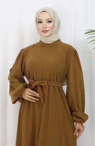 Kleid Mit Elastischen Ärmeln Und Gürtel 2161-01 Tan 2161-01