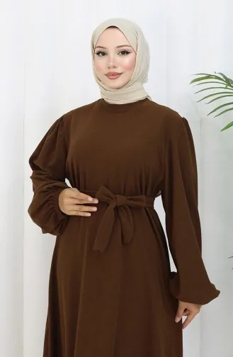 Robe Ceinturée à Manches élastiquées 2161-02 Marron 2161-02