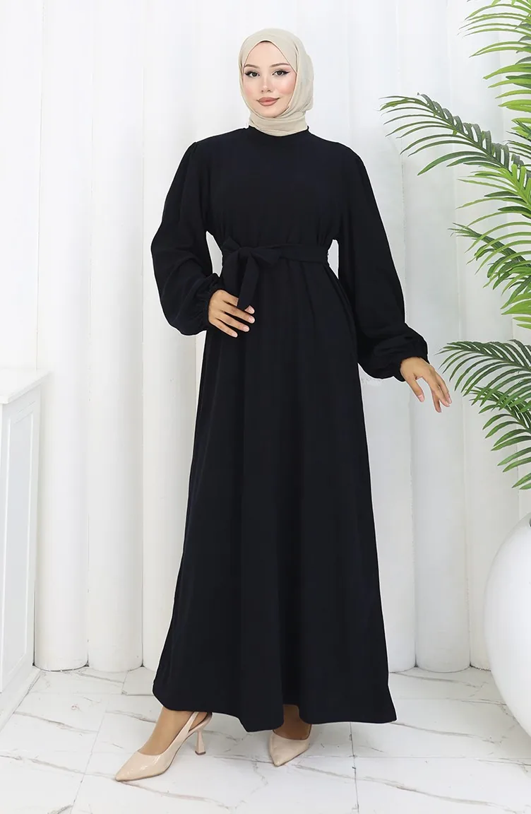 Kleid Mit Elastischen Ärmeln Und Gürtel 2161-04 Dunkelblau 2161-04