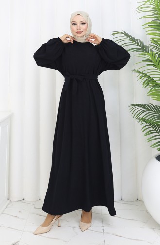 Elasticated Sleeve Belted Dress 2161-04 Navy Blue 2161-04