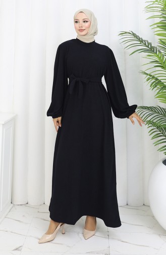 Elasticated Sleeve Belted Dress 2161-04 Navy Blue 2161-04