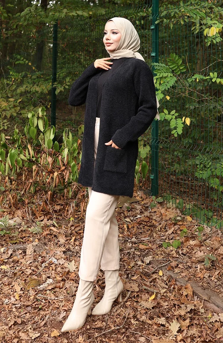 Strickjacke Mit Tasche 0412-03 Schwarz 0412-03