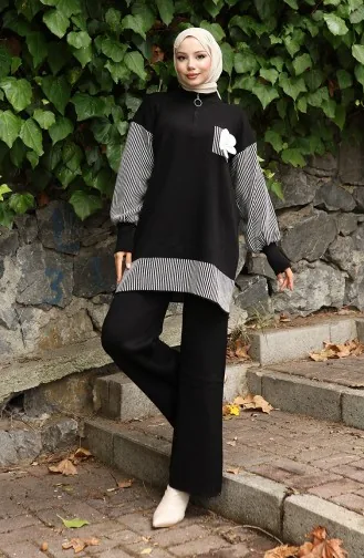 Knitwear Floral Appliqued Tunic Trousers Two Piece Set 1009-01 Black 1009-01