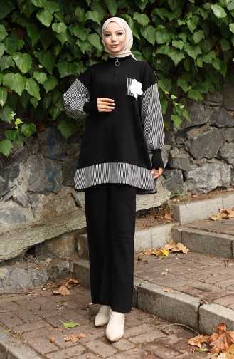Triko Çiçek Aplikeli Tunik Pantolon İkili Takım 1009-01 Siyah
