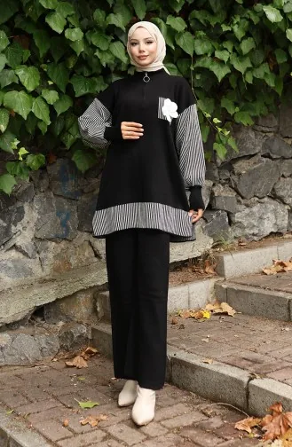 Knitwear Floral Appliqued Tunic Trousers Two Piece Set 1009-01 Black 1009-01