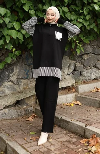 Knitwear Floral Appliqued Tunic Trousers Two Piece Set 1009-01 Black 1009-01