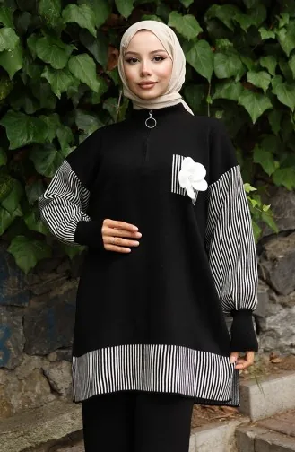 Knitwear Floral Appliqued Tunic Trousers Two Piece Set 1009-01 Black 1009-01