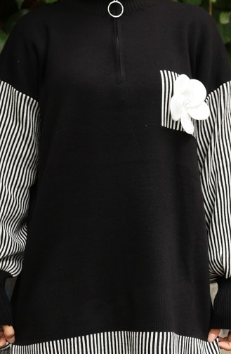Triko Çiçek Aplikeli Tunik Pantolon İkili Takım 1009-01 Siyah