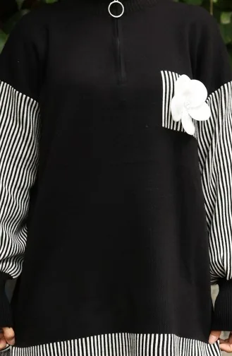 Knitwear Floral Appliqued Tunic Trousers Two Piece Set 1009-01 Black 1009-01