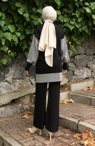 Knitwear Floral Appliqued Tunic Trousers Two Piece Set 1009-01 Black 1009-01