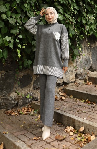 Triko Çiçek Aplikeli Tunik Pantolon İkili Takım 1009-02 Gri
