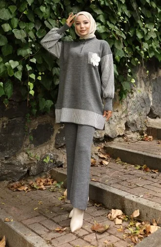 Gebreide Bloemenapplicatie Tuniek Broek Tweedelig Pak 1009-02 Grijs 1009-02