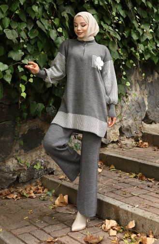 Triko Çiçek Aplikeli Tunik Pantolon İkili Takım 1009-02 Gri