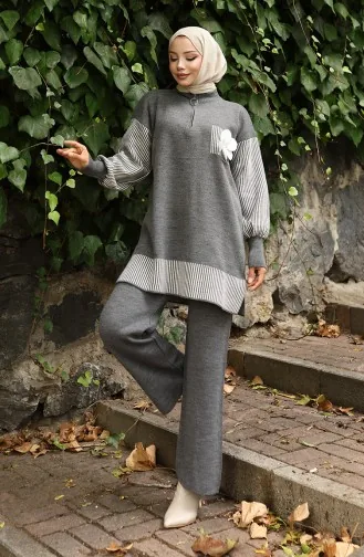 Gebreide Bloemenapplicatie Tuniek Broek Tweedelig Pak 1009-02 Grijs 1009-02