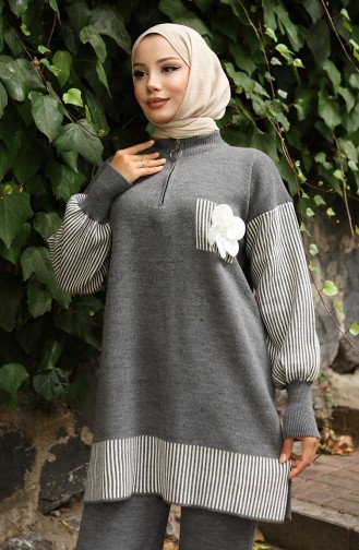 Triko Çiçek Aplikeli Tunik Pantolon İkili Takım 1009-02 Gri