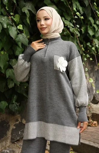Gebreide Bloemenapplicatie Tuniek Broek Tweedelig Pak 1009-02 Grijs 1009-02