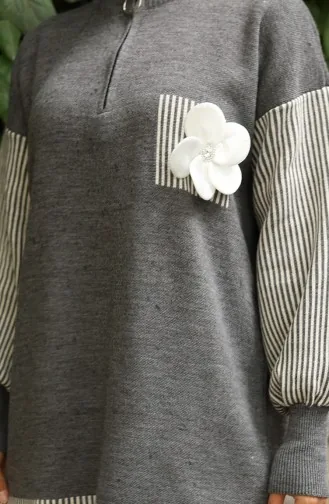 Gebreide Bloemenapplicatie Tuniek Broek Tweedelig Pak 1009-02 Grijs 1009-02