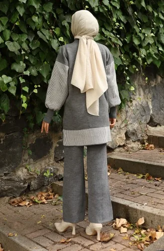 Gebreide Bloemenapplicatie Tuniek Broek Tweedelig Pak 1009-02 Grijs 1009-02