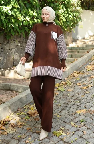 Gebreide Bloemenapplicatie Tuniek Broek Tweedelig Pak 1009-03 Bruin 1009-03