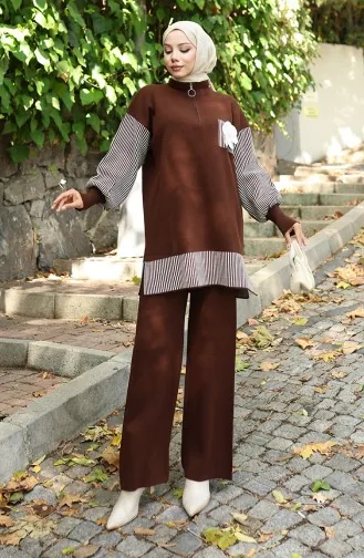 Gebreide Bloemenapplicatie Tuniek Broek Tweedelig Pak 1009-03 Bruin 1009-03