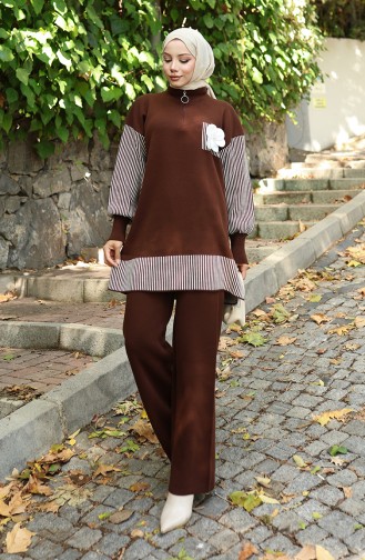 Triko Çiçek Aplikeli Tunik Pantolon İkili Takım 1009-03 Kahverengi