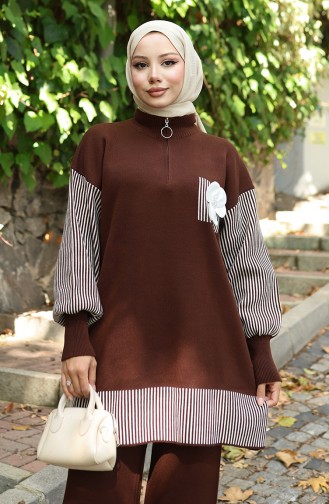 Triko Çiçek Aplikeli Tunik Pantolon İkili Takım 1009-03 Kahverengi