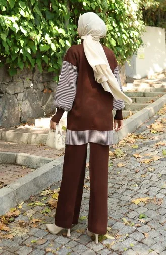 Gebreide Bloemenapplicatie Tuniek Broek Tweedelig Pak 1009-03 Bruin 1009-03