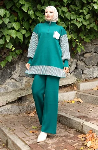 Gebreide Tuniek Met Bloemenapplicatie Tweedelig Setje 1009-04 Petrol 1009-04