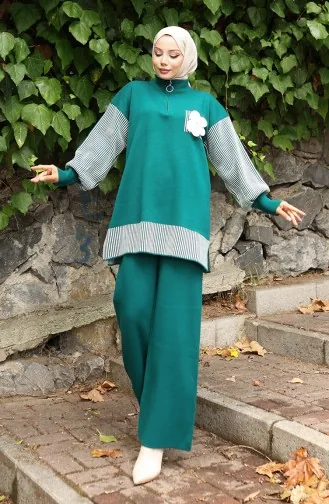 Gebreide Tuniek Met Bloemenapplicatie Tweedelig Setje 1009-04 Petrol 1009-04