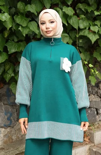 Gebreide Tuniek Met Bloemenapplicatie Tweedelig Setje 1009-04 Petrol 1009-04