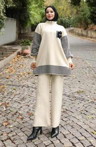 Gebreide Bloemenapplicatie Tuniek Broek Tweedelig Set 1009-05 Beige 1009-05
