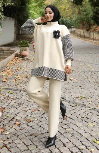 Gebreide Bloemenapplicatie Tuniek Broek Tweedelig Set 1009-05 Beige 1009-05