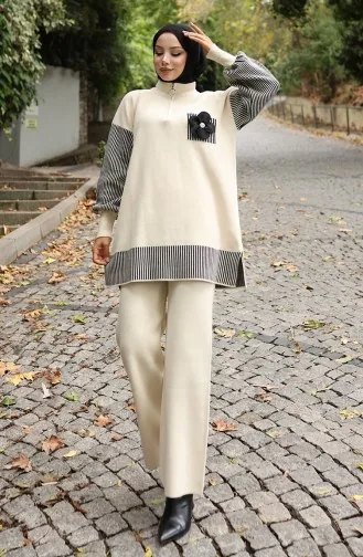 Gebreide Bloemenapplicatie Tuniek Broek Tweedelig Set 1009-05 Beige 1009-05