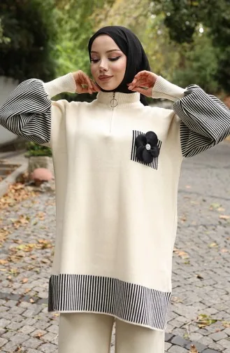 Gebreide Bloemenapplicatie Tuniek Broek Tweedelig Set 1009-05 Beige 1009-05