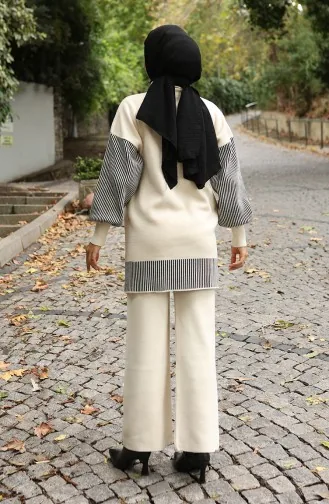 Gebreide Bloemenapplicatie Tuniek Broek Tweedelig Set 1009-05 Beige 1009-05