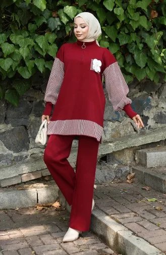 Knitwear Floral Appliqued Tunic Trousers Two Piece Suit 1009-06 Claret Red 1009-06