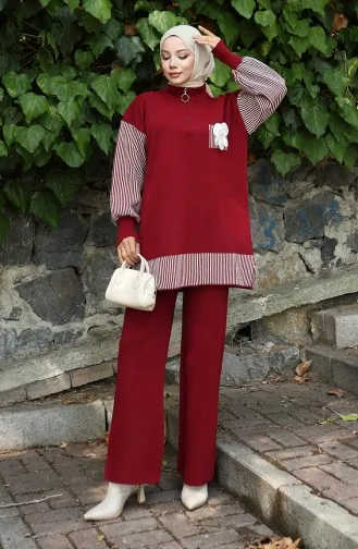 Knitwear Floral Appliqued Tunic Trousers Two Piece Suit 1009-06 Claret Red 1009-06
