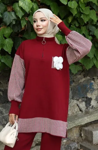 Knitwear Floral Appliqued Tunic Trousers Two Piece Suit 1009-06 Claret Red 1009-06