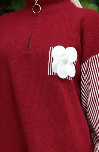 Knitwear Floral Appliqued Tunic Trousers Two Piece Suit 1009-06 Claret Red 1009-06