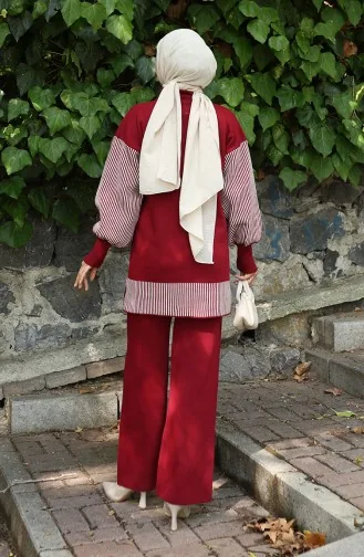 Knitwear Floral Appliqued Tunic Trousers Two Piece Suit 1009-06 Claret Red 1009-06
