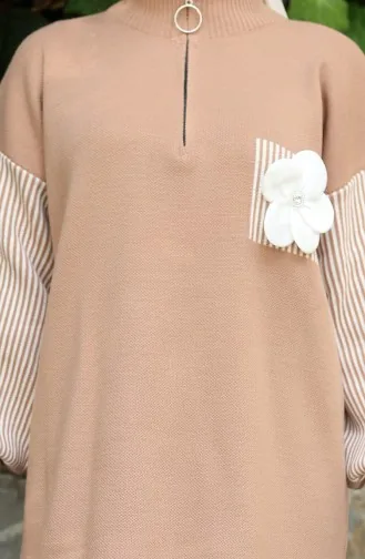 Ensemble Deux Pièces En Tricot Avec Tunique Et Pantalon à Fleurs Appliquées 1009-07 Café Au Lait 1009-07