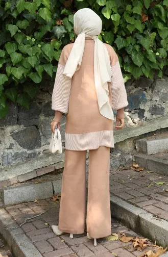 Ensemble Deux Pièces En Tricot Avec Tunique Et Pantalon à Fleurs Appliquées 1009-07 Café Au Lait 1009-07