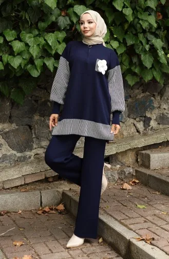 Gebreide Bloemenapplicatie Tuniek Broek Tweedelig Pak 1009-08 Marineblauw 1009-08